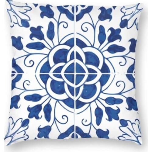 Blue Portuguese Porcelain Tiles Cushion Cover Sofa Home Decorative Flower Pattern Square Throw Pillow Cover 45x45