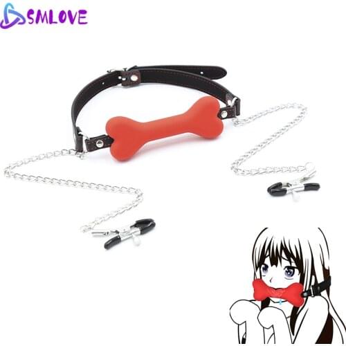 SMLOVE Harness Mouth Gag Dog Bone Mond Silicone Gag Ball Bdsm Bandage Nipple Clamps Flirting Sex Products for Couple Adult Games