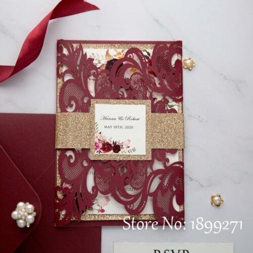 50pcs Burgundy color wedding invitations card flowers laser cut customized wedding cards party invited with wholesale price