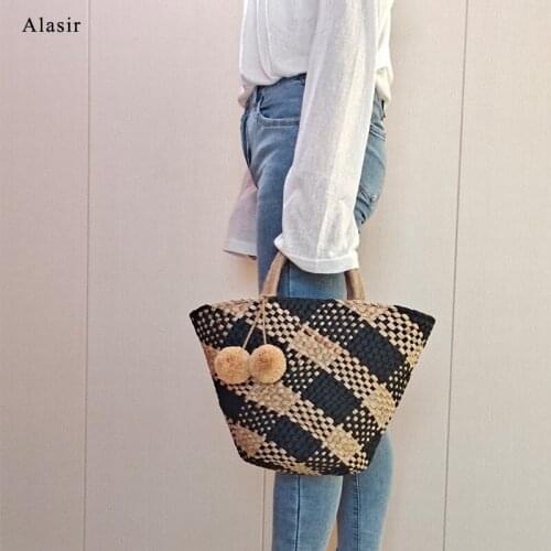 Alasir Summer New Style Straw Woven Vegetable Bucket Handbags Holiday Leisure Handmade Women Round Straw Woven Beach Bag