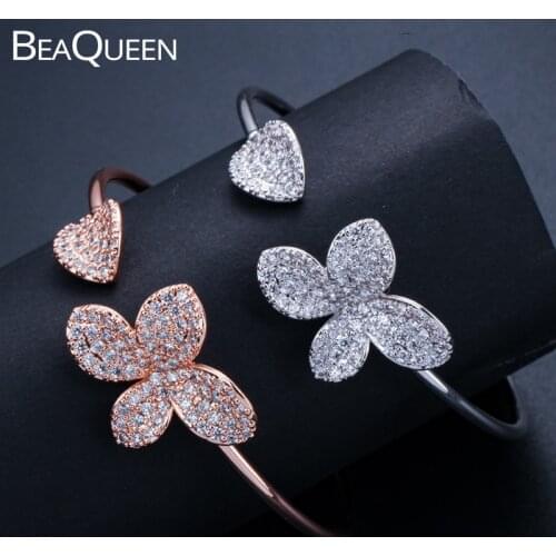 BeaQueen Famous Designer Clear Cubic Zircon Stone Paved Setting Adjustable Leaf Open Cuff Bangles Bracelets for Women B137