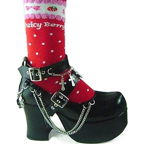 Womens Lolita Buckle Round Toe Gothic Cross Decor Metal Chain Punk Pumps Shoes Creepers Japanese Harajuku Dark Black 8Styles