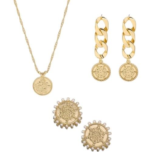 New Fashion Carved Coin Drop Earrings for Women Gold Color Long Chain Statement Round Dangle Earrings Boho Jewelry Brincos