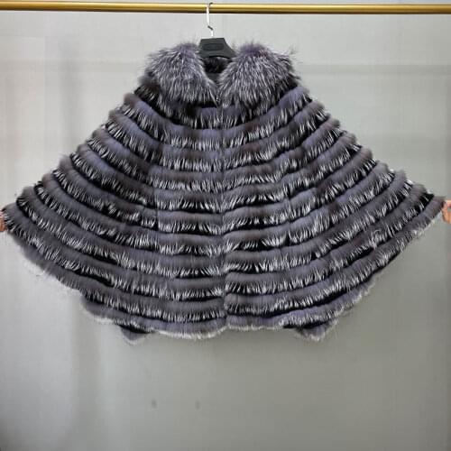 Winter Womens Natural Silver Fox and Rex Rabbit Jacket Coat Bat Sleeve Loose Warm Fashion Striped Jacket Knitted High Quality