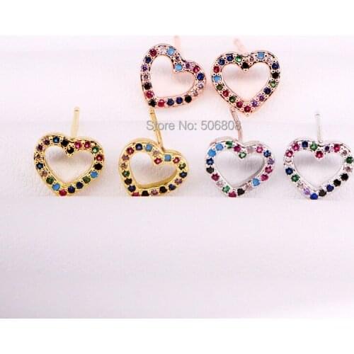 12 Pairs ZYZ339-2466 Heart stud earring colorful rainbow cz paved girl women multi piercing stud