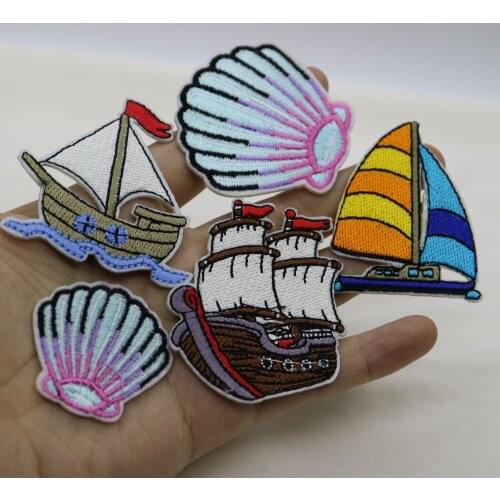 5pc/lot Fashion small boat scallop embroidery Patches for clothing DIY colorful iron on cute parches applique for clothes
