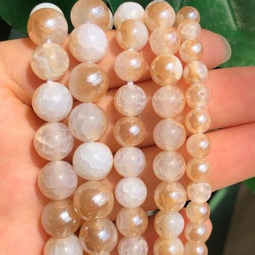 Natural Champagne Plating White Cracked Dragon Fire Agates Stone Round Loose Spacer Beads for Jewelry Making DIY Bracelet 15