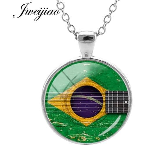 JWEIJIAO Brazil, New Zealand, France, Italy, Spain Flags With Six string Guitar Necklace Pendant 26 Countries Flags Chokers GF06