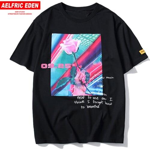 Rose Print Hip Hop Short Sleeve Tshirt Men Women Tshirt 2019 Summer New T-shirts Letter Print Cotton Casual Streetwear