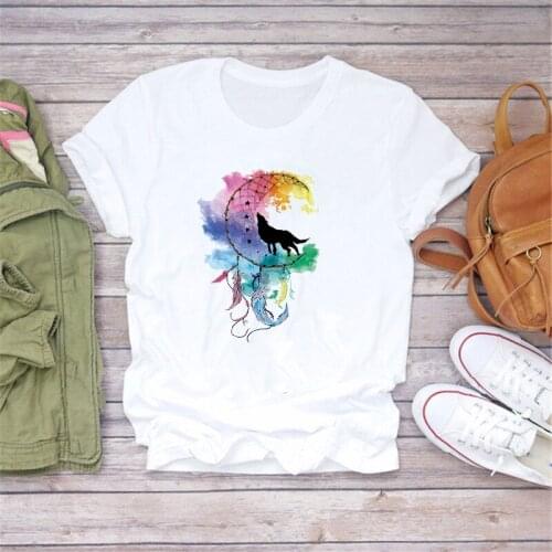 LUSLOS 2020 Summer Short Sleeve Feather Wolf Deamcather Print Casual White Polyester T Shirts Female T-Shirts Girls Ladies Tops