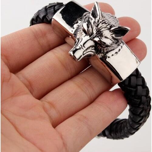 Tisnium Mens Bracelet Silver Color Stainless Steel Wolf Design Black Leather With Woven Texture Punk Hip-hop Style Best Gift