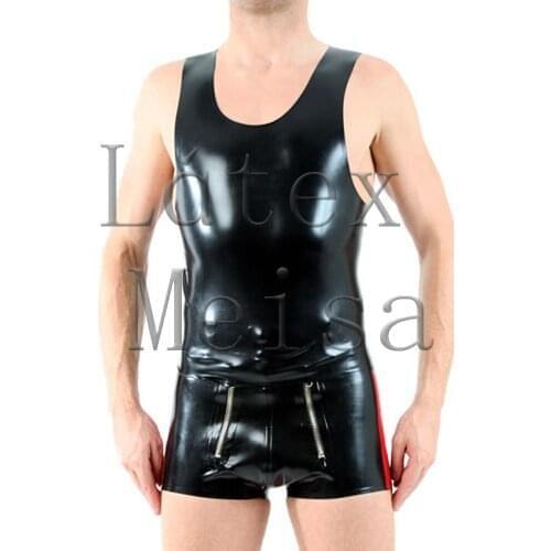 Males zentai latex clothings set exotic including vest top and shorts with metal zippers in black color