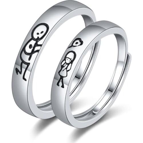 667E 2Pcs Love Balloon Matchstick Figure Couple Rings Set Promise Wedding Bands for Him and Her Valentines Day Lover Jewelry