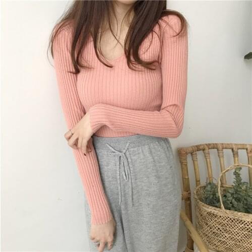 Autumn Winter Ladies 2021 New Solid V Neck Knitted Pullovers Sweaters Women Primer Shirt Long Sleeve Slim-fit tight Jumper Tops