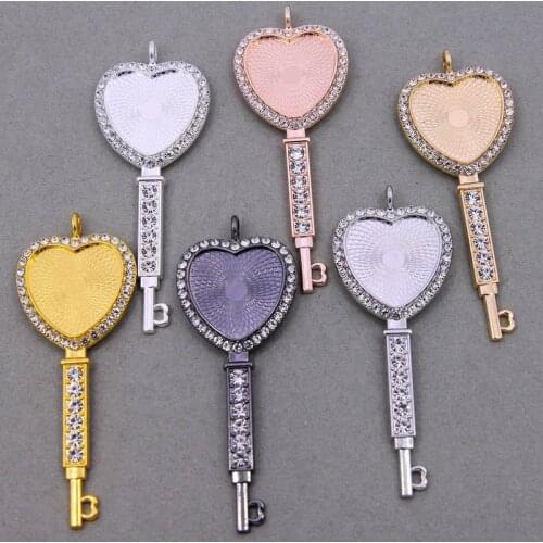 3PCS Round shape Heart Pendant Base With Rhinestone 25mm Cabochon Cameo Alloy Tray Bezel For Made Necklace Keychain Jewelry Comp