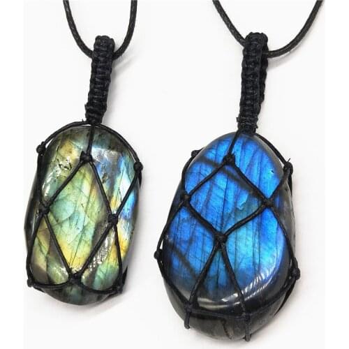 BOEYCJR Natural Labradorite Stone Necklace Chain Handmade Jewelry Ethnic Vintage Stone Pendant Necklace for Men or Women