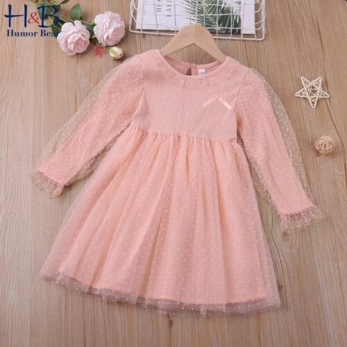 Humor Bear Girls Dress NEW Spring Autumn Ruffle Long Sleeve Mesh Yarn Patchwork Priness Dress Bow Cute Toddler Kids Clothes