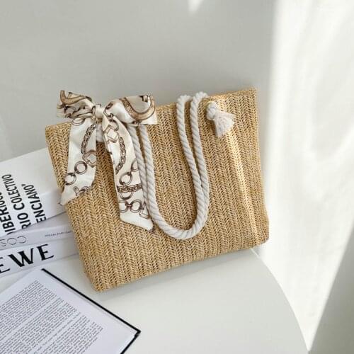 Simple and Large-capacity Straw Woven Bag Fashion Silk Scarf Womens Shoulder Bag Trendy Woven Zipper Handbags for Women 2021