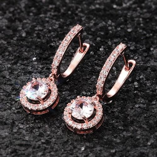 Huitan Luxury Rose Gold Color Women Dangle Earrings Brilliant Crystal Zirconia Wedding Party Elegant Bridal Fashion Accessories