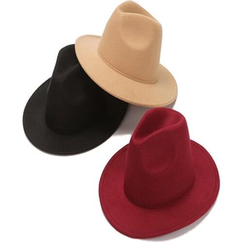 Winter Spring Summer Woolen Women Hat Classic Solid Color Felt Fedoras Hats Female Lady Wide Brim Flat Top Jazz Cap Bucket Hat