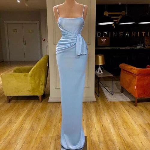 Light Sky Blue Mermaid Party Prom Gowns Spaghetti Straps Floor length Sleeveless Pleat Draped Evening Dresses