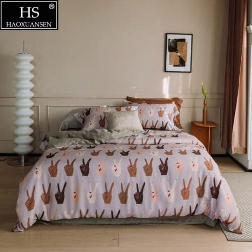 V Gesture Carnival 4Pieces Bedding Sets Tencel Lyocell Pillowcase Duvet Cover Fittedsheet /Bedsheet Queen King Size Nordic style