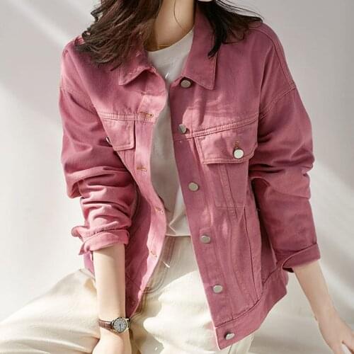 Palenda Women Solid Jean Jacket Denim Coat Fall 2021 Spring Single Breasted Solid Pockets Fashion Turn-down Collar