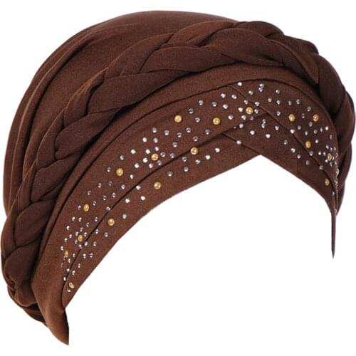 Solid Color with Beads Women Intersect Turban Muslim Fashion Headwraps Women Chemo Cap