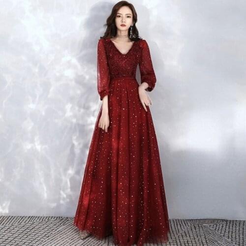 Beauty-Emily Elegant Lace Burgundy Evening Dress Floor-length V-Neck Prom Dress Party Formal Gown Vestidos De Fiesta De Noche