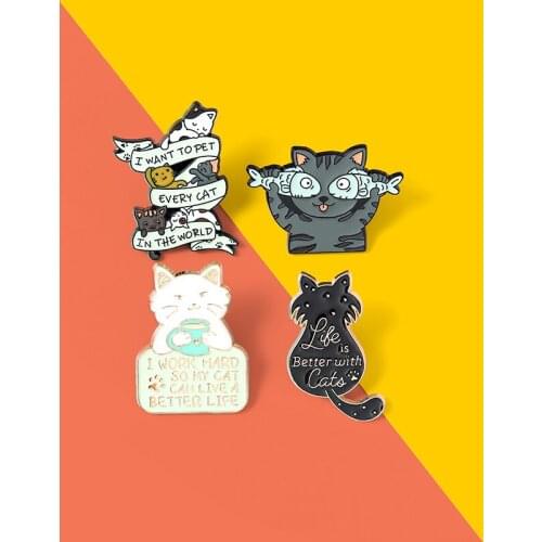 Life is Better with Cats Enamel Pins I work hard So my Coffee Brooches Shirt Lapel Bag Cute Animal Badge Jewelry Gifts for Kids