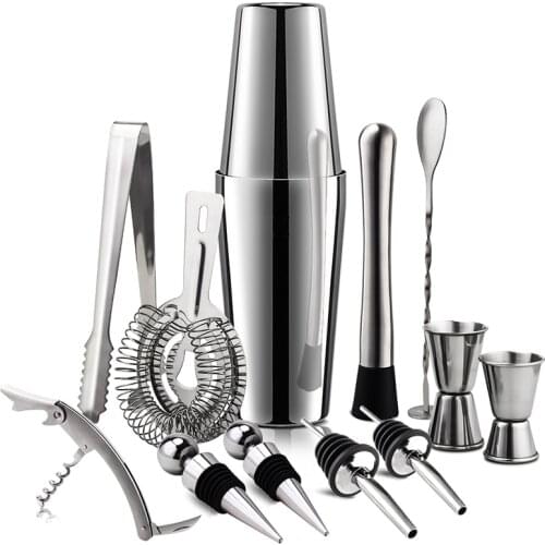 13Pcs Cocktail Shaker Drink Mixer Bartender Set, 18/8 Stainless Steel Professional Weighted Bar Boston Shaker Tin Set Ice Tong