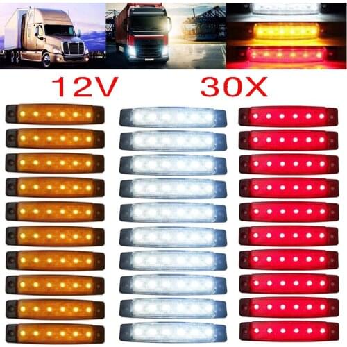 30pcs 12V/24V 6 LED Red+White+Yellow Truck Trailer Pickup Side Marker Indicators Light