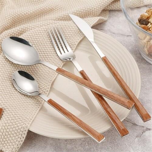 Chic 304 Stainless Steel Glossy Wood Tableware Set Silver Dinnerware Sets Western European Food Knife Fork Teaspoon 4pcs
