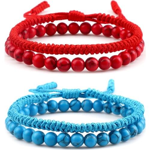 2Pcs/Set Couples Handmade Bracelet 6MM Tiger Eye Turquoises Elastic Bangles Jewelry Women Braided Pulsera Adjustable Gift Friend