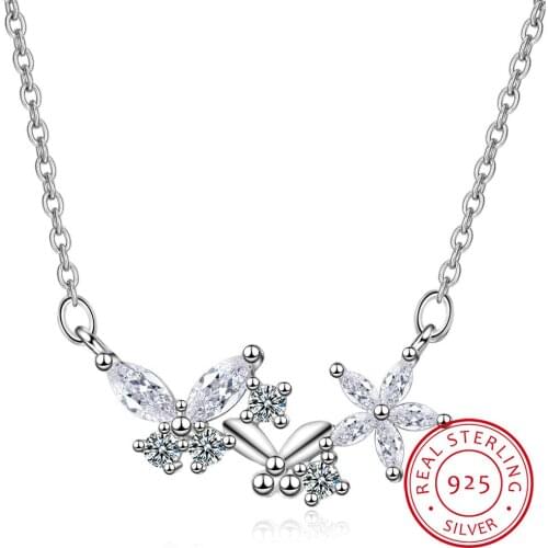925 Sterling Silver Flower Star Zirconia Butterfly Clavicle Chain Pendant Necklace collares Fine Jewelry For Women S-N340