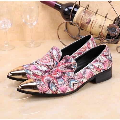 Christia Bella Fashion Metal Pointed Toe Man Plus Size Shoes Genuine Leather Mens Party Dress Shoes Man Crystals Printing Shoes