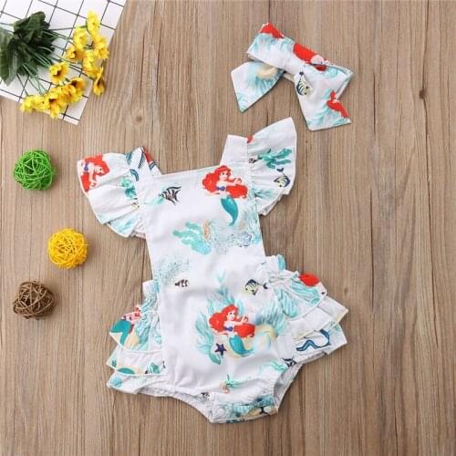 Baby Girls Summer Romper with Hair Band Mermaid Printed Ruffle Sleeve Back Straps Outfit Hollow Back Button Closure Jumpsuit