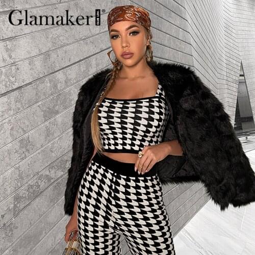 Glamaker Elegan women pants suits Plaid Knitwear sleeveless tops sweater and wide leg pants Office ladies winter basiac knit set