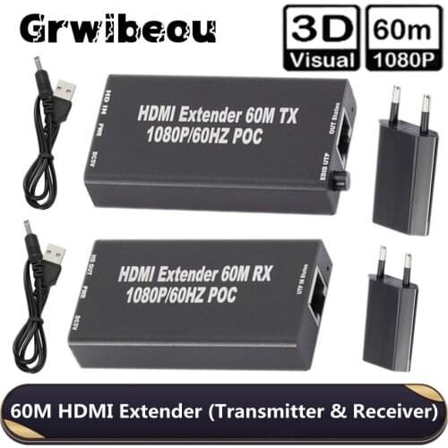 Grwibeou 60M HDMI Extender Cable (Transmitter & Receiver) Over signle RJ45 Cat5e Cat6 Ethernet HDMI Sender & Receiver for PC