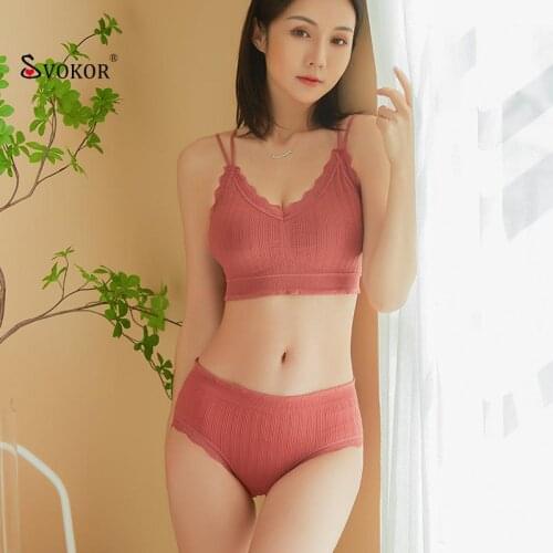 SVOKOR Solid Ruffle Underwear Sets Women Sexy Double Cross Straps Elastic Lingerie Seamless All-Match Bra Suit
