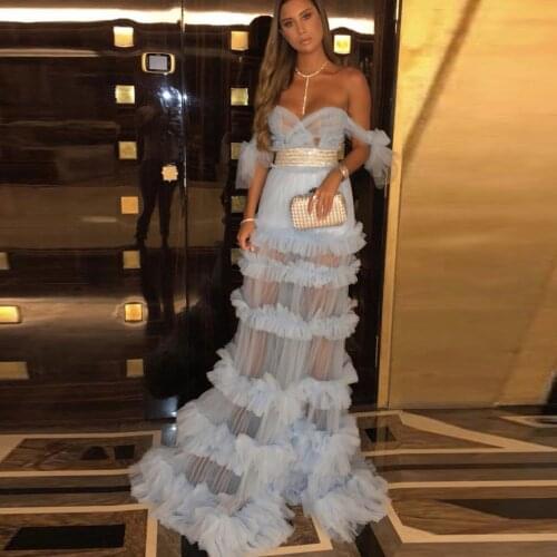 Pretty Party Dress Extra Lush Prom Gowns Off Shoulder Pale Blueh Formal Dresses for Photography Party Gala Gowns Sheer See Thru