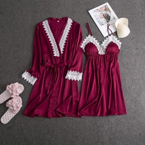 Lace satins silk 2-piece gown sets women robes+dress summer Korea sexy silk women Spaghetti straps nightdress homewear