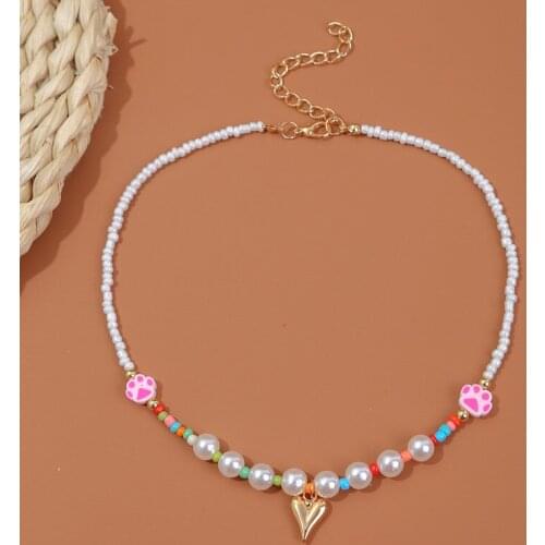 Fashion Handmade White Pearl Multicolor Glass Polymer Clay Cat Paw Separate Beaded Necklaces For Women Heart Pendant Necklace