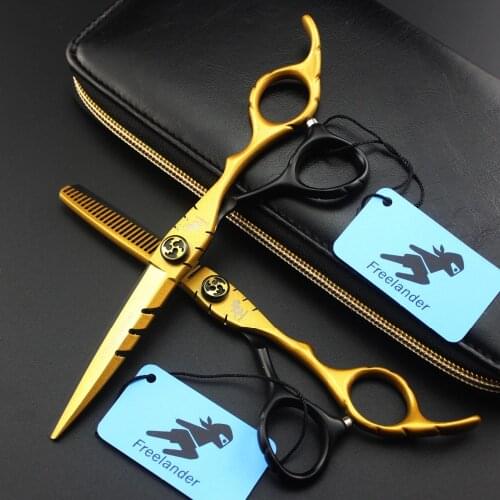 Freelander 6.0 inch Professional Human Hair Scissors Set ,Golden Painting Rhinestone Screws Design Cutting Thinning Shears Kit