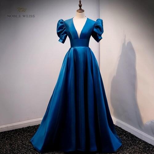 Evening Dresses V-Neck Floor-Length Satin Prom Dress A-LINE Prom Dresses With Short Sleeves