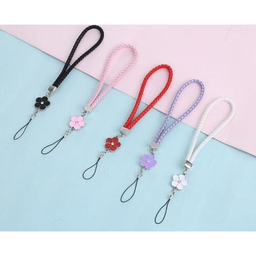 Woven Leather Candy Color Mobile Phone Lanyard New Flowers Shape Woven Bracelet Short Keychain Mobile Phone ID Lanyard Gifts