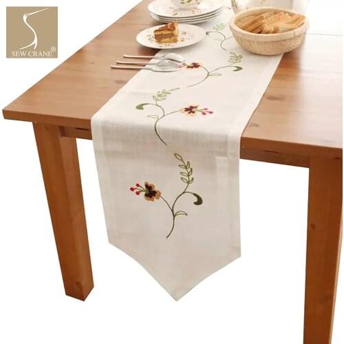 SewCrane Rattan Plant Flowers Embroidered Design on Polyester Rectangle Pointed Table Runner with Tassel, White