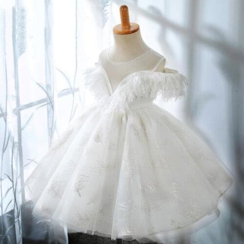 Luxury Flower Girl Dresses Lace Tassel Princess Birthday Dress Off Shoulder White Holy Communion Dress for Girls Vestidos L324