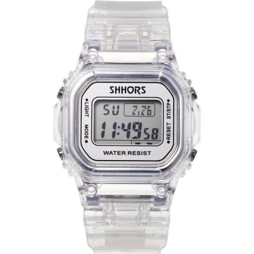 Silver White Sport Digital Women Watch Waterproof Rectangular Transparent Men Women Wristwatch Fashion Casual Gift Clock