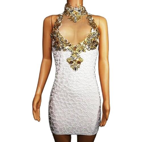 Sparkling Rhinestones Neck-Mounted Dress Above Knee Mini Sleeveless Lace Sexy Costumes Party Evening Costume Stage Wear Lady